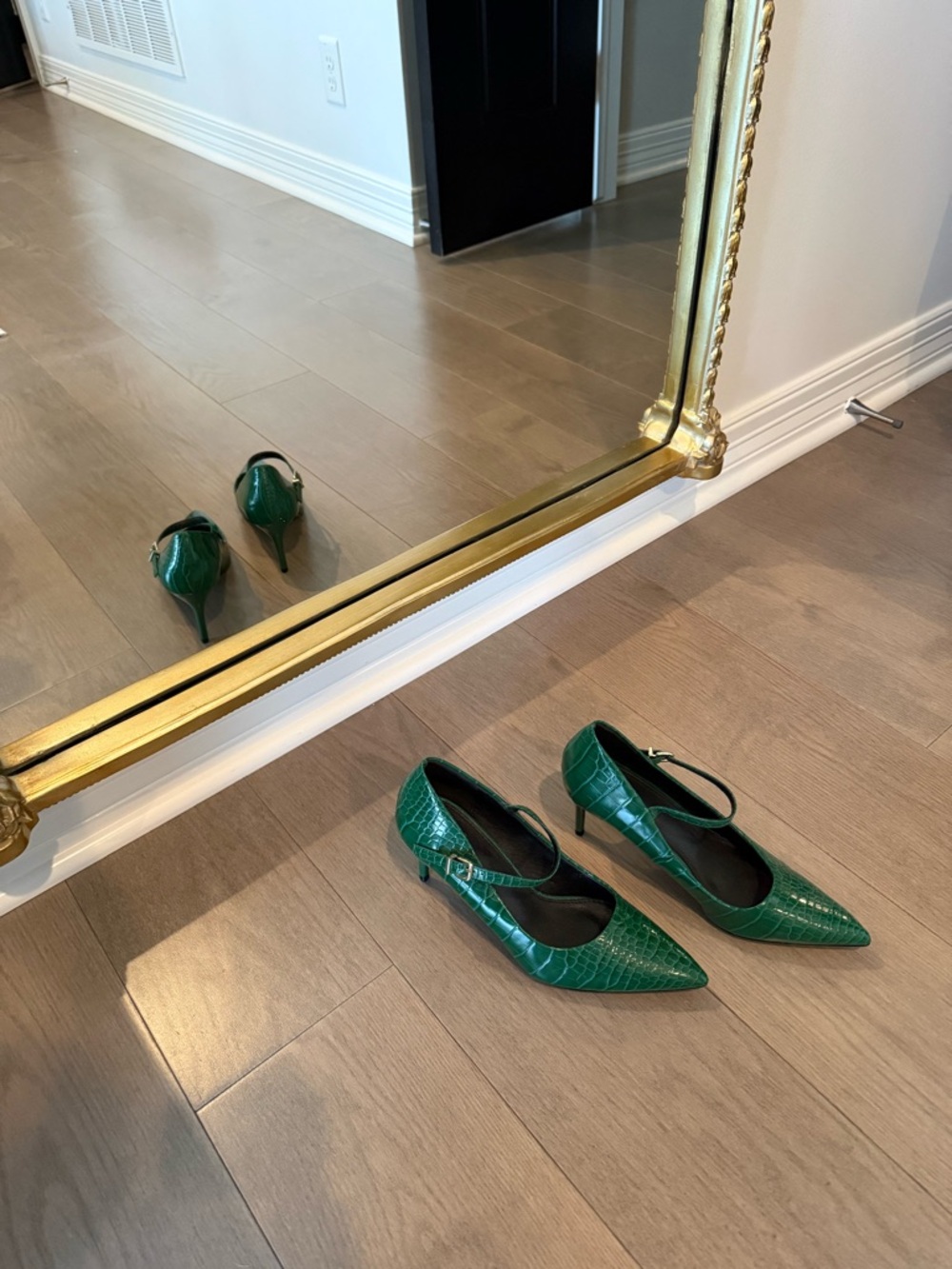 New York & Company Green Croc-Textured Pointed Mary Jane Heels